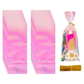 UUYYEO 100 Pcs 4 x 10 inch Cellophane Treat Bags Holographic Goodie Bags Iridescent Plastic Bags Colored Candy Bags Party Favors Bags Clear Cello Bags with Twist Ties for Birthday Valentines Easter