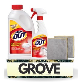 Iron Out Rust Remover Spray 16 oz + 28 oz Powder Bundle with Microfiber Cloth - Rust Stain Remover - Hard Water Toilet Stain Cleaner - Dissolves Rust on Tubs, Sinks, and Showers - (4 Items)