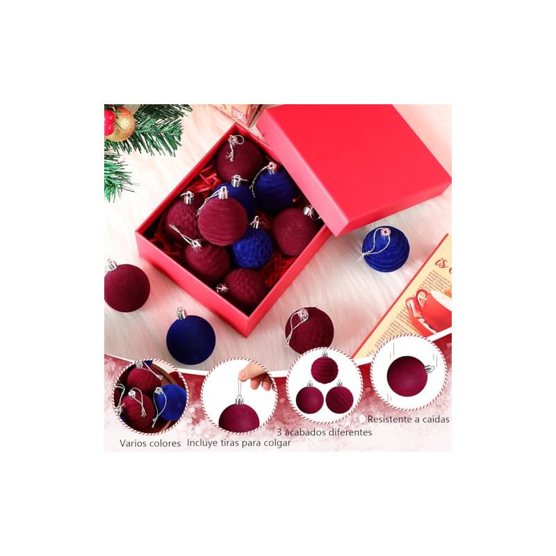 16 Piezas Esferas Navideñas de Terciopelo de 6 cm, Bolas de