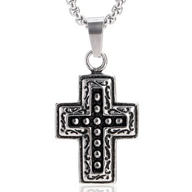DonDon Men's Stainless Steel Necklace with Ornament Cross Pendant Silver in a Velvet Pouch