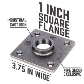 PIPE DÉCOR 1" Industrial Flange New Square Design Half Inch Threaded Dark Grey Black Floor Flanges Malleable Cast Iron Pipes Fittings Build Vintage DIY Furniture & Shelving Heavy Duty (4) Four Pack