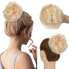 S-noilite Claw Clip Messy Bun Hair Piece 100% Real Human Hair Buns Curly Wavy Tousled Bun Scrunchies for Women Bleach Blonde Clip in Bun Hair Extension