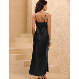 Women's Satin Spaghetti Strap Cowl Neck Backless Midi Wedding Guest Dress Ruched Sleeveless Tie Summer Dresses Black