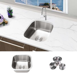 KABCO 16 Inch Square Single Bowl Stainless Steel Kitchen Bar Sink with Kitchen Sink Strainer and Removable Garbage Basket, 18 Gauge Undermount Rust Resistant Sound and Heatproof Swirl Finish Sink