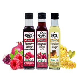 De La Rosa Organic Vinegar Gift Box, Raspberry, Pomegranate & White Balsamic Vinegar, Vegan, Kosher, Non-GMO & Gluten Free, Great for Salad Dressing, Marinades & More, 8.45 Oz (Pack of 3)