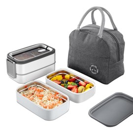 ZAONYSIYNZ 304 Steel Double-Layer Mesh Lunch Box Portable Adult Lunch Box Leak Proof Microwave Safe Lunch Box with Insulation Bag, Suitable for Outdoor Work (Gray)