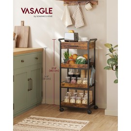 VASAGLE Storage Cart, 4-Tier Rolling Utility Cart with Table Top, Handles, 4 Lockable Casters, Top Drawer, Mesh Shelves, for Kitchen, Bathroom, Bedroom, Rustic Brown and Ink Black ULRC049K01