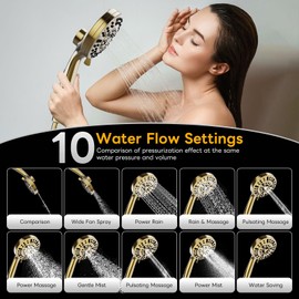 WCQQ High Pressure 10 Ways Handheld Shower Head Brushed Gold- Anti-clog Nozzles, Built-in Power Wash to Clean Tub, Wall & Overhead Brackets,Magnetitc Rainfall Shower Wand,Built-in 2 Power Jet