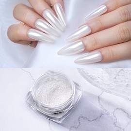 PrettyDiva White Pearl Chrome Nail Powder Pearlescent Nail Glitter Nail Art (Icy white 0.2g)