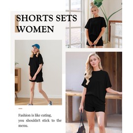 MARZXIN Women's 2 Piece Outfits Summer Tracksuit Ribbed Textured Knit Loose Lounge Shorts Set Short Sleeve Matching Sets Black L