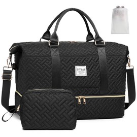 Duffle Bags for women,50L Quilted Travel Weekender Bag with Shoe Compartment, Large Carry On Overnight Tote Gym Bag with Toiletry Bag,Hospital Bags for Labor and Delivery,Black