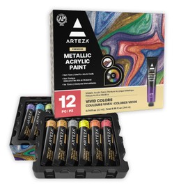 ARTEZA Metallic Acrylic Paint Set of 12 Colors, 0.74 ounce Tubes Non Toxic Artist Paints for Hobby Painters, Art Supplies for Canvas Painting