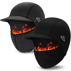 Jamntower 2 Pcs Winter Cycling Caps with Visor Cap Helmet Liner with Glasses Hole Windproof Winter Thermal Hat with Brim for Man Women Cycling Running Black, Dark Gray