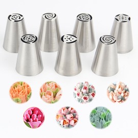 Baipesiy 7-Pieces Large Russian Piping Tip, 304 Stainless Steel Korean Style Nozzle, Creative Frosting, Buttercream, and Bean Paste Decorating Tip for Cupcakes, Cookies, and Desserts (L, Style 1)