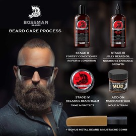 Bossman Complete Beard Kit - Men's Beard Oil Jelly, Fortify Shower Conditioner, Balm, Mustache Wax and Comb - Beard Softener, Growth, Care and Grooming Products Kit (Hammer)