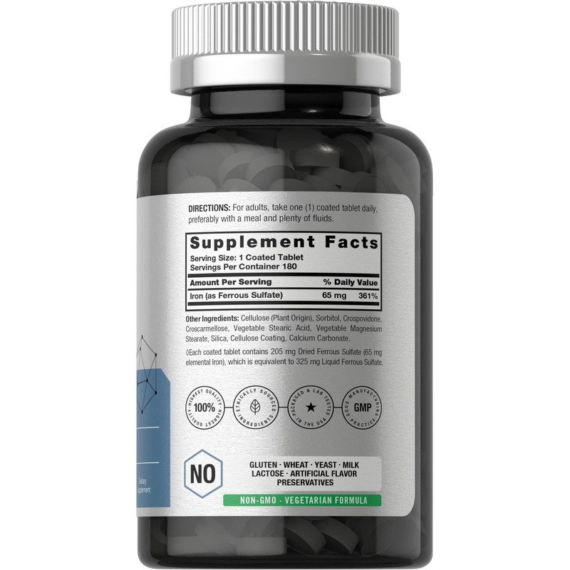 Horbäach Iron Ferrous Sulfate 325mg | 180 Count | Vegetarian,
