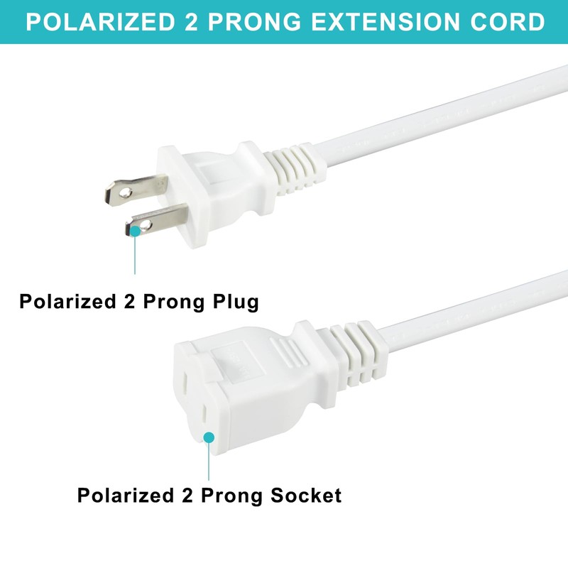 2FT Polarized 2Prong Extension Cord - White Replacement US AC