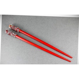 Perfect Hairstyle with Our Hair Accessories - Red Crystal Wood Set 2 Hair Chop Sticks Accessory Picks Pins 7 1/8" Long Fashionable Hair Accessory Hair Jewelry Accessories for Lady Women