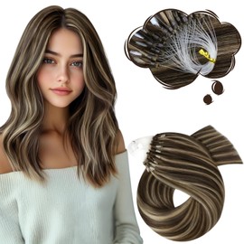 Moresoo Micro Ring Real Hair Extensions, 50 cm, Dark Brown with Caramel Blonde, Silky Smooth for Any Activity, 50 g, 50 Strands, #P4/27