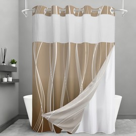 TWLSNCD No Hook Shower Curtain and Liner Set, Ombre Brown Striped Shower Curtains with Snap in Fabric Liner, Hotel Ringless Waterproof Washable with See Through Top Window, 71" x 74"