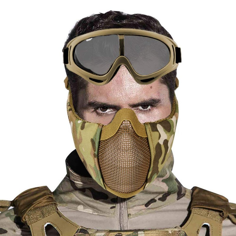 Airsoft Mask with Goggles, Foldable Half Face with Ear Protection