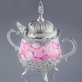 LaModaHome Sugar Bowl with Lid and Spoon for Home, Kitchen and Wedding Party, Serving for Delight and Chocolate, Decorative Design for Cube and Powder Sugar - Silver/Pink