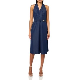 Halston Women's Sleeveless V-Neck Gold Belt Mini Dress, Dark Blue