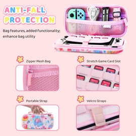 HYPERCASE 8 in 1 Cute Anime Switch OLED Accessories Bundle, with Pink Switch OLED Carrying Travel Case, Hard PC Protective Cover Skin, HD Screen Protector, Shoulder Strap & 2 Kawaii Thump Caps