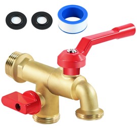Outdoor Double Taps Water Faucet, Garden Hose Splitter 2 Way, 3/4 inch Wall Mounted Brass Water Tap, Frost-Proof Outside Spigot Replacement with 2 Outlets for Balcony, Lawns, Hose Connector