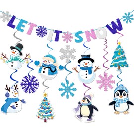 Let It Snow Decorations, Pre-assembled Glitter Let It Snow Banner and 12pcs Winter Snowflake Hanging Swirls, Let It Snow Party Decorations for Winter Holiday, Winter Party Decorations
