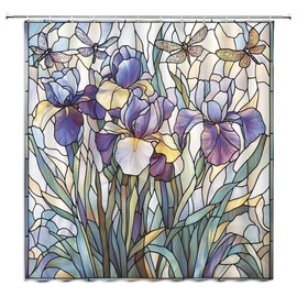 Stained Glass Shower Curtain Purple Floral Flowers Green Leaves Dragonfly Abstract Wildflower Nature Plant Bathroom Decor Polyester Fabric Curtains with Hook 70Wx70H Inches