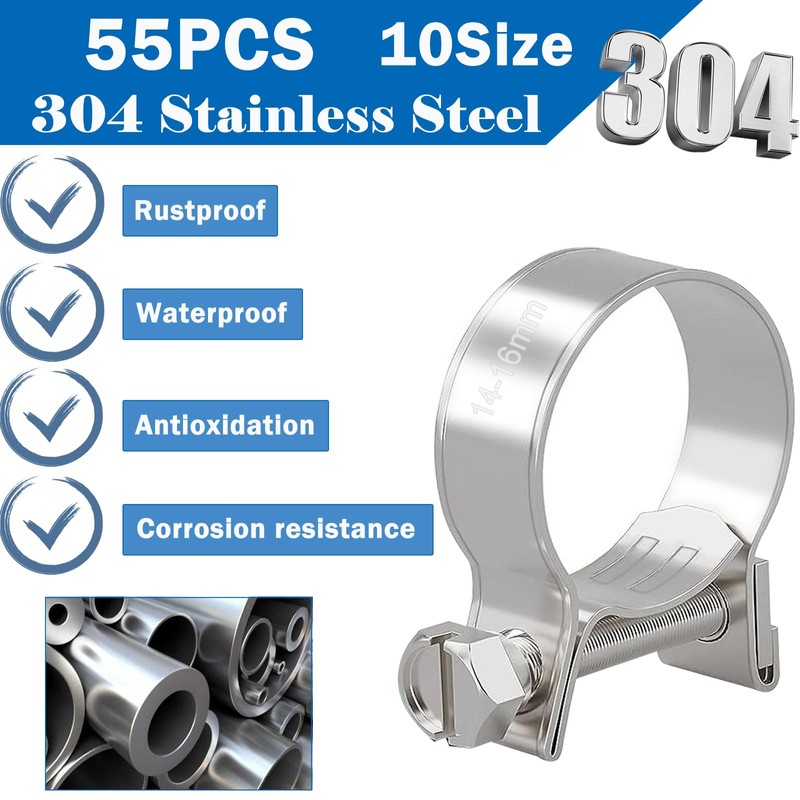 Tnisesm 55PCS Mini Fuel Injection Hose Clamps Adjustable 7-18mm 10