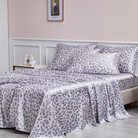 AiMay 4 Piece Queen Size Satin Bed Sheet Set Deep Pocket Silver Leopard Pattern Luxury Silky Super Soft 1 Flat Sheet 1 Fitted Sheet 2 Envelope Pillowcases Wrinkle Free (Silver Leopard, Queen)
