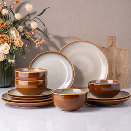 LERATIO Ceramic Dinnerware Sets for 4, Coupe Plates and Bowls Sets,Highly Chip and Crack Resistant | Dishwasher & Microwave & Oven Safe Dishes set,Reactive Glaze Dinnerware- Service for 4（12pcs）