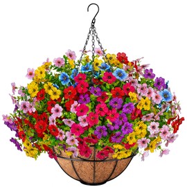 Ouddy Decor Artificial Hanging Flowers with Basket, Fake Hanging Plants with Faux Silk Flowers UV Resistant for Outdoors Indoors Spring Summer Porch Patio Balcony Yard Home Decorations, Multicolor
