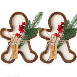 MTLEE 2 Pack Wood Dough Bowl Candle Gingerbread Soy Candle Christmas Candle Gift Decor 3 Wick Wooden Ginderbread Man Candle Bowl Decorative with Long Burn Time Red Berries Pine Label for DIY Packaging