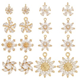 PH PandaHall Pack of 16 Crystal Zirconia Pendants, 8 Styles, Gold-Plated Flowers, Daisies, Sunflowers, Rhinestone Charms for Jewellery Making, Bracelets, Necklaces, Earrings, Craft Supplies