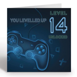 GIGGLE GREETINGS Teenager Gamer Birthday Card For 14 Year Old Girl or Boy - Level 14 Unlocked Controller Gaming Birthday Card With Blue Envelope - Eco Friendly Card
