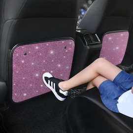 Pirador Luster Crystal Car Seat Back Protectors Automobile Kick Mats with Sparkling Rhinestones, Bling Bling Diamond Auto Seat Back Kick Protectors Interior Accessories Universal Fit Pink 2Pcs