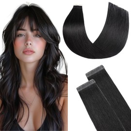 FUOTONBUTY Tape Extensions, Real Hair, Double Stitched, Black Tape-In Extensions, Real Hair, 20 Pieces, 50 g, Invisible Tape Extensions, Tape-On Extensions, Real Hair, 50 cm
