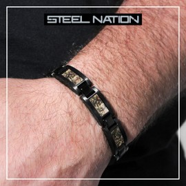 Men's Camo Link Bracelet - Stainless Steel with Black Finish, Rugged Outdoor Style, 8.5-inch, Fold Over Clasp