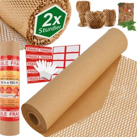 Honeycomb Packing Paper 15"x135' Roll with Fragile & Labelling Stickers, Gloves - Eco-Friendly Packing Material | Recyclable Honeycomb Paper | Alternative to Bubble Cushioning Wrap Moving & Shipping