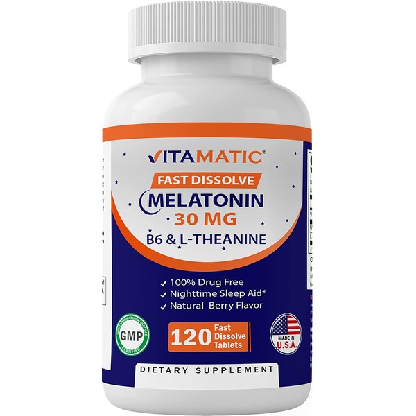 Vitamatic Melatonin 30mg - with B6 & L-Theanine - 120 Fast Dissolve Tablets with Natural Berry Flavor (2 Tablets Dose = Melatonin 60mg)