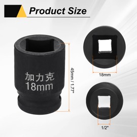 sourcing map 4 Point Square Socket 1/2" Drive 18mm Metric Square Impact Socket CR-V Blackening Standard Wheel Sleeve Pneumatic Sleeve Tool for Auto Repair Mechanical Maintenance Home Use