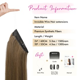 REECHO Invisible Wire Hair Extensions with Transparent Headband Adjustable Size Removable Secure Clips in Straight Secret Hairpiece for Women (24 Inch (Pack of 1), Light Ash Brown with Highlights)