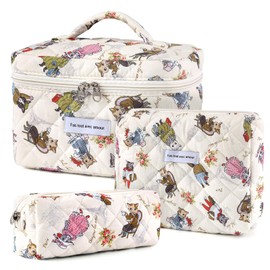 YINGJEE Large Quilted Makeup Bag for Women and Girls, Cute Coquette Floral Cotton Cosmetic Bag, Aesthetic Travel Organized Toiletry Bags (colorful cats)