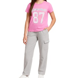 AEROPOSTALE Girls Pants Set - 2 Piece Short Sleeve Graphic Tee Tops and Soft Fleece Cargo Sweatpants Kids Clothing Set (7-16), Size 10-12, Pink Whimsy Grey