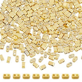 DICOSMETIC Pack of 300 24K Gold-Plated 2 Hole Beads Rectangle 4.5 x 2 x 2.5 mm Hematite Pearl Synthetic Gemstone Loose Beads Multi-Strand Connection for Jewellery Making Hole: 1 mm