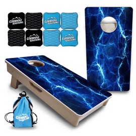 Mini Cornhole Solutions Bundles - Mini 12" by 24" Cornhole Boards & Bags - 4" Holes for 4" Bags - 18mm(3/4″) Baltic Birch! Built-in Handles! Folding Legs (Blue Lightning)