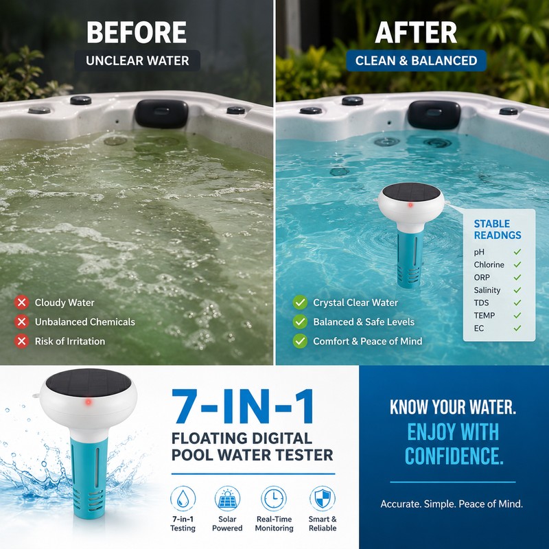 7-in-1 Digital Pool Water Tester for Smart Monitoring – Wireless